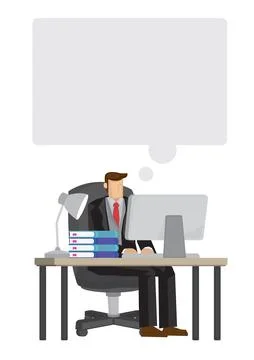 Thinking Businessman working on his computer desk with an empty speech bubble Illustrazione stock