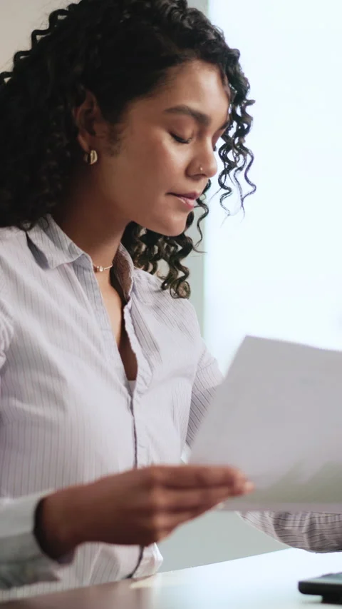 Thinking, businesswoman and document with data in office, online and investment Stock Footage 333246199