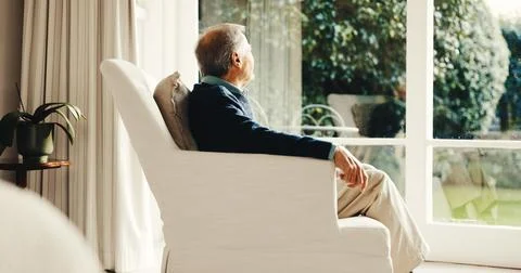 Thinking, calm or old man at window with inspiration, daydreaming or memory in Stock Photos