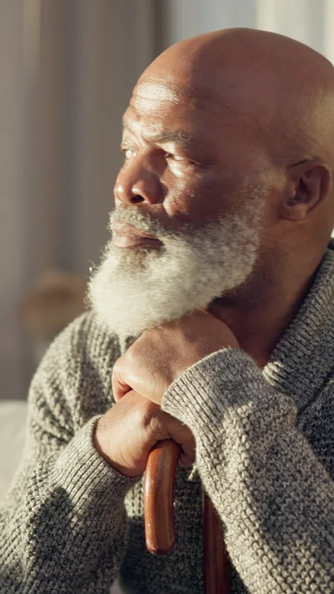 Thinking, cane and old man in nursing home with vision, remember memories and Stock Footage 332967450