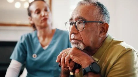 Thinking, cane and senior man in nursing home, sad or contemplating past memory Stock Photos