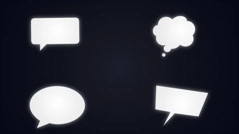 Thinking cartoon cloud. Four glowing white speech and thought bubbles on dark Stock Footage 342199263
