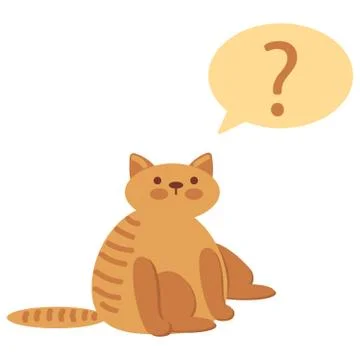 Thinking cat with questions mark above against white background Stock Illustration
