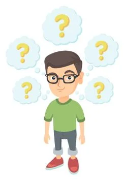 Thinking caucasian boy with question marks. Stock Illustration