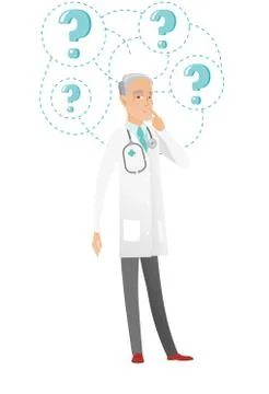 Thinking caucasian doctor with question marks. Stock Illustration