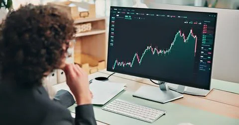 Thinking, chart and man with computer screen for finance review, investment.. Stock Photos