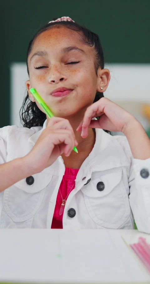 Thinking, child and student with pen in bedroom for learning,  problem solving Stock Footage 319386378