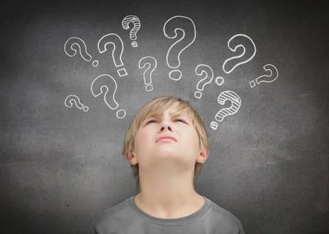 Thinking child looking at question marks Stock Photos