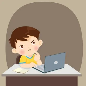 Thinking child students boy thinking with laptop 스톡 일러스트