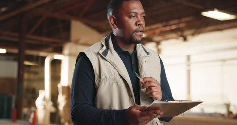 Thinking, clipboard and black man in workshop for carpentry, planning and lumber Stock Footage 341311245