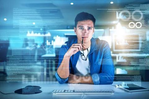 Thinking, coder and man in office, night and overlay of interface, keyboard and Stock Photos