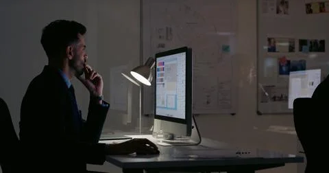 Thinking, computer and architecture with business man for floor plan, CAD Stock Photos