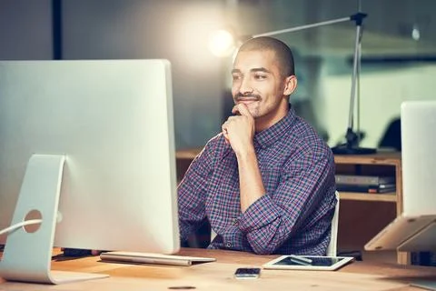 Thinking, computer and business man in office for idea, planning or problem Stock Photos