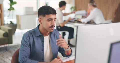 Thinking, computer and businessman in office with research for software Stock Footage 329429470
