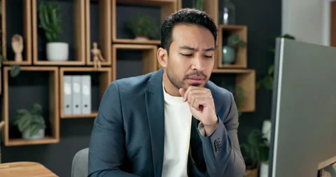 Thinking, computer and businessman in office with research for finance report Video stock 342335488