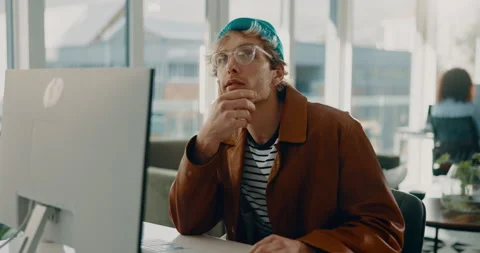 Thinking, computer and idea with business man in office for web designer Stock Footage 316125473