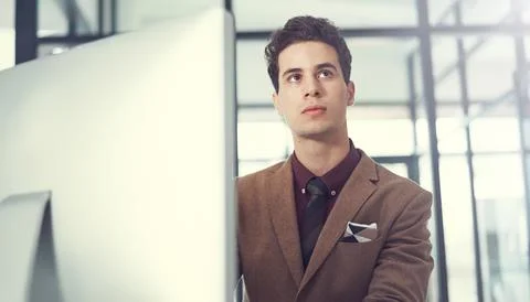 Thinking, computer and idea with business man in office for future, legal Foto stock