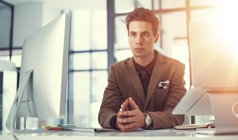 Thinking, computer and planning with business man in office for vision, legal Stock Photos