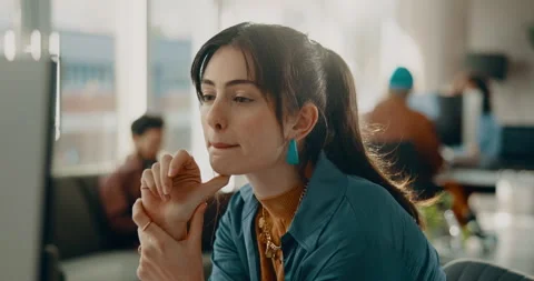 Thinking, computer and reading with business woman in office for web designer Stock Footage 316166871
