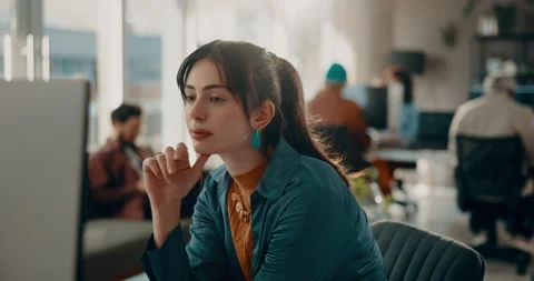 Thinking, computer and research with business woman in office for web designer Stock Footage 316151337