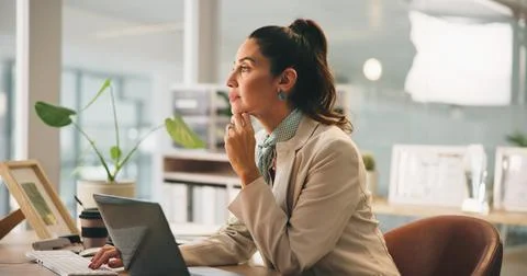 Thinking, computer and research with business woman in office for news editor Stock Photos