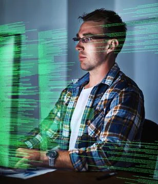 Thinking computer engineer reading cgi code, typing or searching on computer Foto stock
