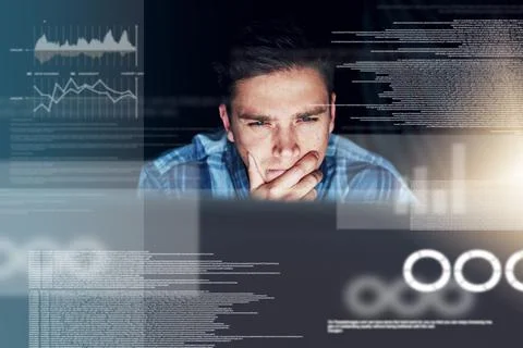 Thinking computer engineer reading code, cgi data and analyzing special effects Stockfoto's