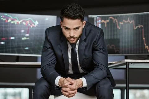 Thinking, computer screen and business man with charts for investment idea Stockfoto's