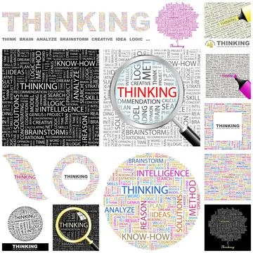 Thinking. Concept illustration. Thinking. Word cloud illustration. Wordclo... Foto stock