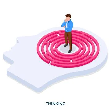 Thinking concept. A thoughtful man stands in labyrinth of mind.  Stock Illustration