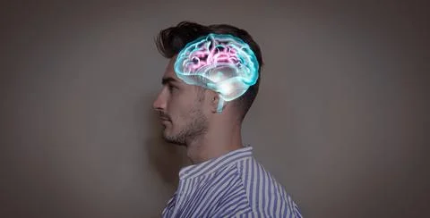 Thinking concept. Young man and illustrated brain on color background Stock Photos