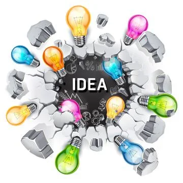 Thinking conceptual background. Light bulb breaking through the concrete wall Stock Illustration