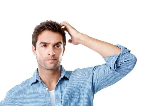 Thinking, confused and man with doubt in studio with problem solving or decision Foto stock