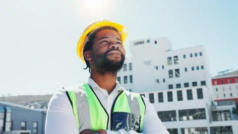 Thinking, construction and black man in city for building project, inspecti.. Foto stock