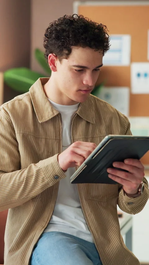 Thinking, creative and business man with tablet for data analysis, brand Stock Footage 319794124