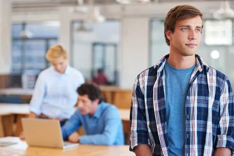 Thinking, creative and man as graphic designer in office with vision, caree.. Stock Photos