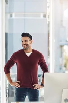Thinking, creative and man with smile in office with vision, planning and i.. Stock Photos