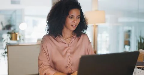 Thinking, data analysis or business black woman with computer for company growth Stock Photos