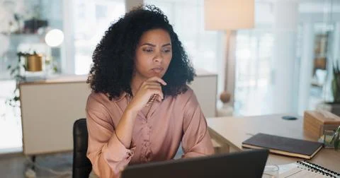 Thinking, data analysis or business woman with computer for company growth Stock Photos