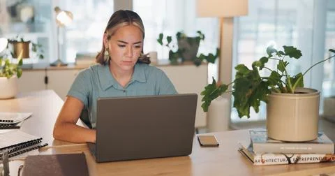 Thinking, data analysis or business woman with computer for company growth Stock Photos