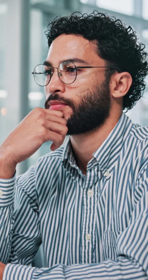 Thinking, discussion and man in office for web design, business ideas or Stock Footage 333392531