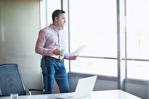 Thinking, documents and window with business man in office for research, project Stock Photos