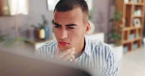 Thinking, doubt and man on computer for remote work, problem solving and Video stock 303627002