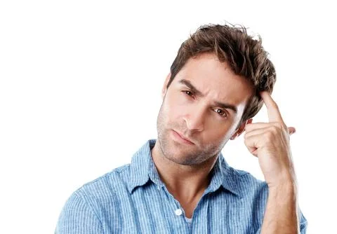 Thinking, doubt and portrait of man in studio with problem solving or decision f Foto stock