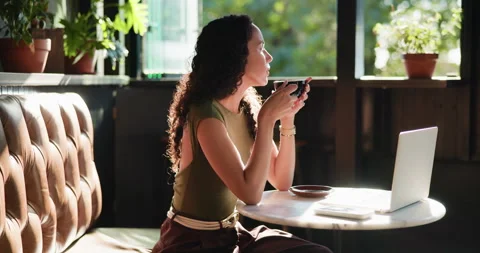 Thinking, drinking coffee or woman in cafe, laptop or decision for creative Stock Footage 331070741