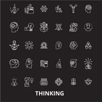 Thinking editable line icons vector set on black background. Thinking white Stock Illustration