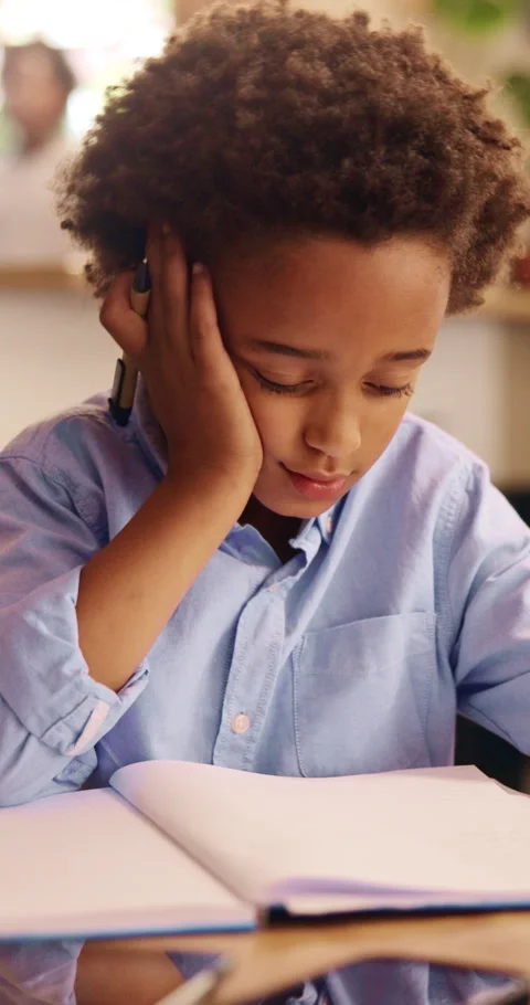 Thinking, education and child with homework in house for learning, development 库存影片 343181377