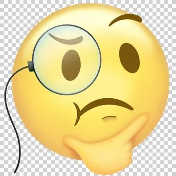 Thinking emoji face is floating in flat design with monocle and hand, on Stock Illustration