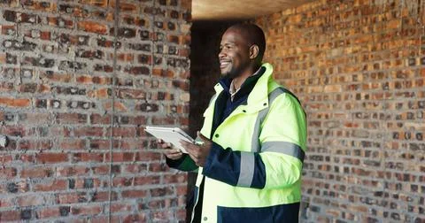 Thinking, engineer and black man with tablet for construction, inspection a.. Stock Photos