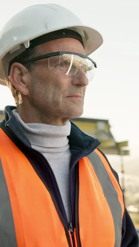 Thinking, engineer and glasses with man on construction site for reflection Stock Footage 340880021